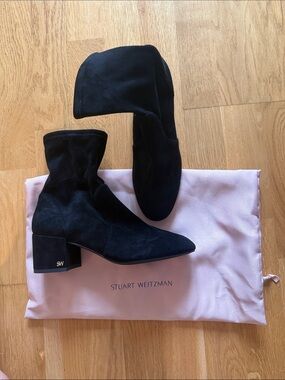 NEW Stuart Weitzman Black Stretch Suede Ankle Boots with Low Block Heel